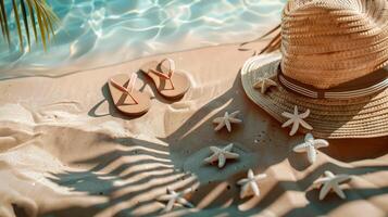 Sunny tropical beach with turquoise water, summer holidays vacation background, accessories on the beach. . photo