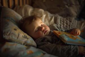 Cute children baby sleep on bed with a children book . Education learning concept. photo