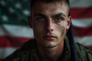 US army soldier against the American flag, memorial day, fourth of july, photo
