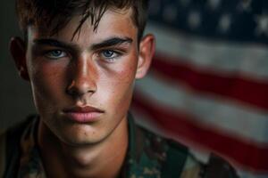 US army soldier against the American flag, memorial day, fourth of july, photo