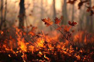 view of massive wildfire or forest fire with burning trees and orange smoke. . photo