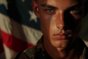 US army soldier against the American flag, memorial day, fourth of july, photo