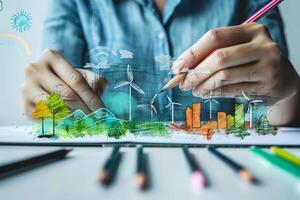 A hand is drawing a city with trees and buildings. renewable energy . photo