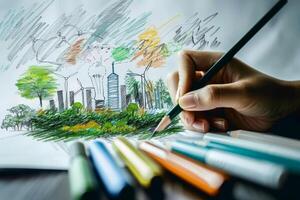 A hand is drawing a city with trees and buildings. renewable energy . photo