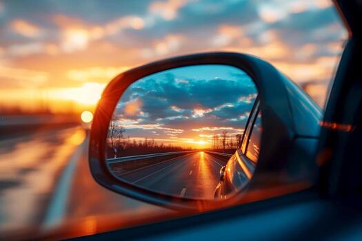 sunset in the rear view of the car, photo