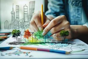 A hand is drawing a city with trees and buildings. renewable energy . photo