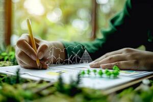 A hand is drawing a city with trees and buildings. renewable energy . photo
