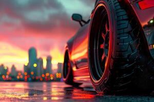 A red car with a black tire is parked on a city street photo