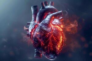 un corazón con rojo las venas y un negro centro. médico corazón cardiología investigación con un corazón afectado . foto