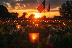 memorial day concept. A field of flowers with candles lit in the foreground. photo