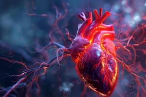 A heart with red veins and a black center. medical heart cardiology research with a heart affected . photo