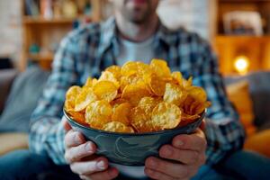 A man is holding a bowl of chips and smiling.ai geneative photo
