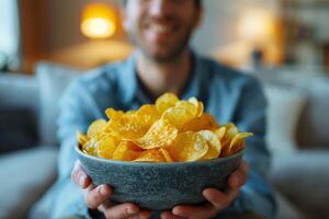 A man is holding a bowl of chips and smiling.ai geneative photo