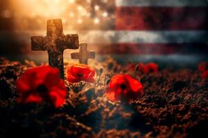 memorial day concept. A cross is in the middle of a field of red flowers. photo
