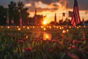 memorial day concept. A field of flowers with candles lit in the foreground. photo