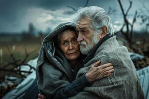 A man and woman are hugging each other under a blanket. after tornado wind.aigenerative photo