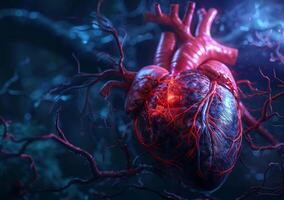 un corazón con rojo las venas y un negro centro. médico corazón cardiología investigación con un corazón afectado . foto