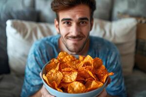 A man is holding a bowl of chips and smiling.ai geneative photo