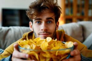 A man is holding a bowl of chips and smiling.ai geneative photo