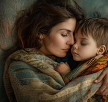 A woman and a boy are cuddling on a couch. mother day concept. photo
