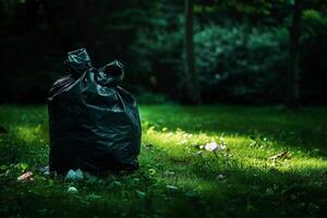 A black trash bag is sitting on the grass in a park. photo