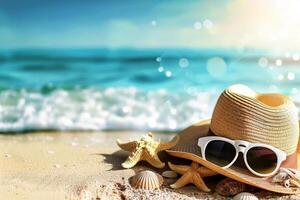 A blue pair of sunglasses and a straw hat are on the beach. summer holiday vocation . photo