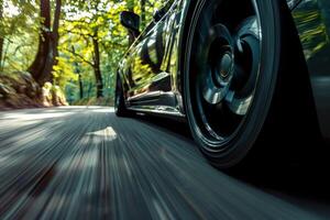 close up tire car is speeding down a road with trees in the background. photo