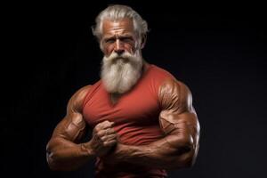 A elder man with a beard and a muscular build is posing for a photo. photo