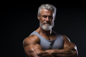 A elder man with a beard and a muscular build is posing for a photo. photo