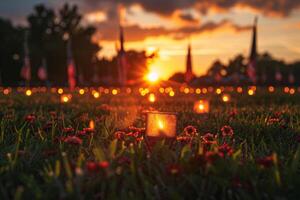 memorial day concept. A cross is in the middle of a field of red flowers. photo