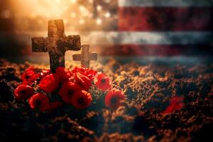 memorial day concept. A cross is in the middle of a field of red flowers. photo