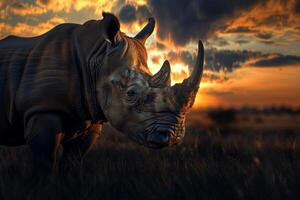 White huge wild rhinoceros standing on the savanna. photo