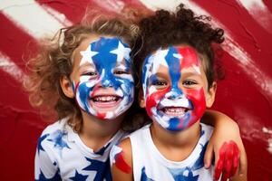 Happy children celebrating independence day with a face painted in the colors of the American flag. photo