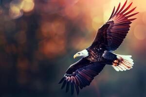 A large American eagle is flying through the air with its wings spread wide. photo