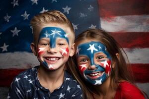 Happy children celebrating independence day with a face painted in the colors of the American flag. photo