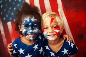 Happy children celebrating independence day with a face painted in the colors of the American flag. photo