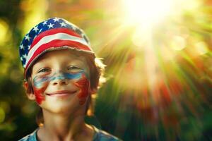 American flag-inspired face paint on children's cheeks, Independence Day, bokeh photo