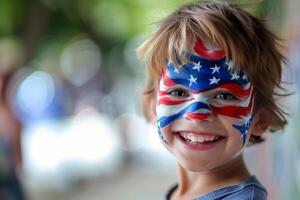 American flag-inspired face paint on children's cheeks, Independence Day, bokeh photo