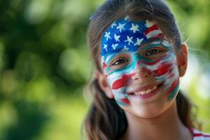 American flag-inspired face paint on children's cheeks, Independence Day, bokeh photo