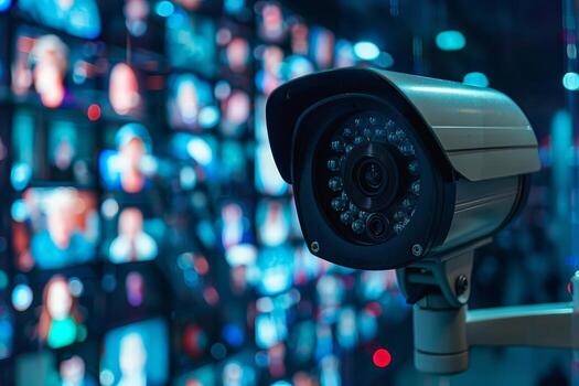 cctv security camera system with motion detection and face recognition surveillance technology concept. photo