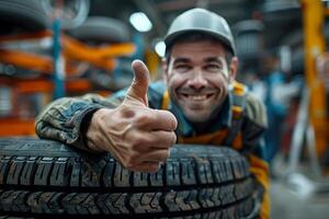 Auto mechanic , a man thumbs up and holding a car tire. created with technology. photo