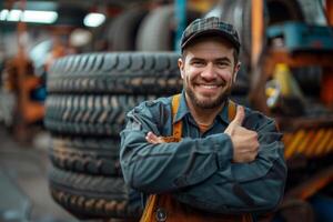 Auto mechanic , a man thumbs up and holding a car tire. created with technology. photo