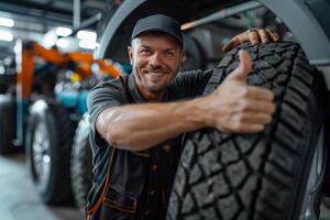 Auto mechanic , a man thumbs up and holding a car tire. created with technology. photo