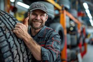 Auto mechanic , a man thumbs up and holding a car tire. created with technology. photo