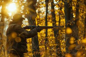 hunter with a gun in the forest, . photo