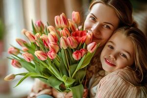 Child daughter hugging mother to gives bouquet of flowers to mother on Mother's Day. photo