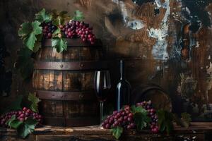 Red Wine Bottle with Vintage Rustic Oak Wooden Background photo