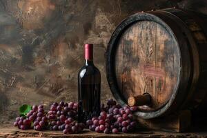 Red Wine Bottle with Vintage Rustic Oak Wooden Background photo