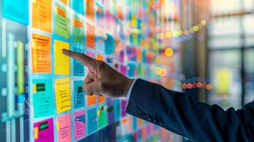 Agile software development scrum methodology boards. workflow, Finger touching virtual interface. photo