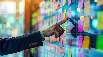 Agile software development scrum methodology boards. workflow, Finger touching virtual interface. photo
